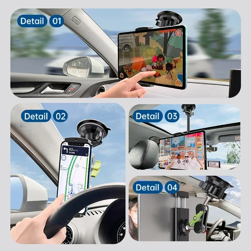Aluminum Alloy Car Tablet Holder, 360° Rotatable Adjustable Stand with Strong Suction Cup Mount for 4-12.9