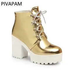 Womens Ankle Boots Gold Silver Block High Chunky Heels Lace Up Western Cowboy Booties  Combat Boots for Women