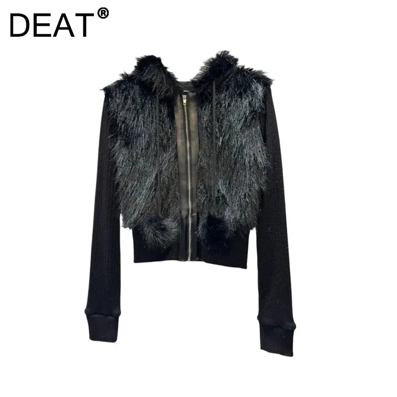 DEAT Women\'s Sweaters Black Hooded Patchwork Plush Knitted Hooded Zipper Slim Cardigan Tops 2024 New Fashion Winter 11A01690