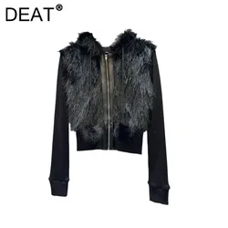 DEAT Women's Sweaters Black Hooded Patchwork Plush Knitted Hooded Zipper Slim Cardigan Tops 2024 New Fashion Winter 11A01690