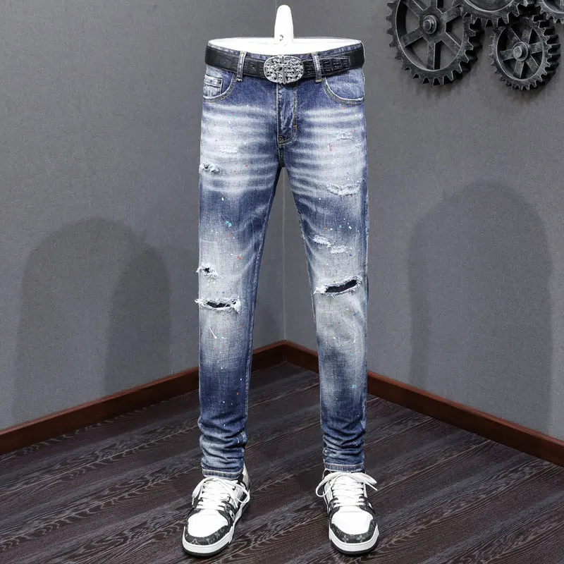 

Designer High Street Fashion Men's Painted Jeans Retro Blue Stretch Tight Retro Ripple Jeans Men's Hip Hop Brand Pants Hombre