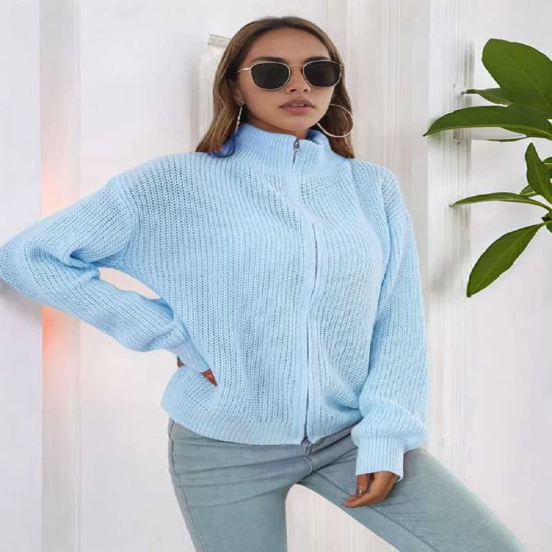 Dames gebreid vest met col en lange mouwen Herfst en winter Los gebreid vest met ritssluiting