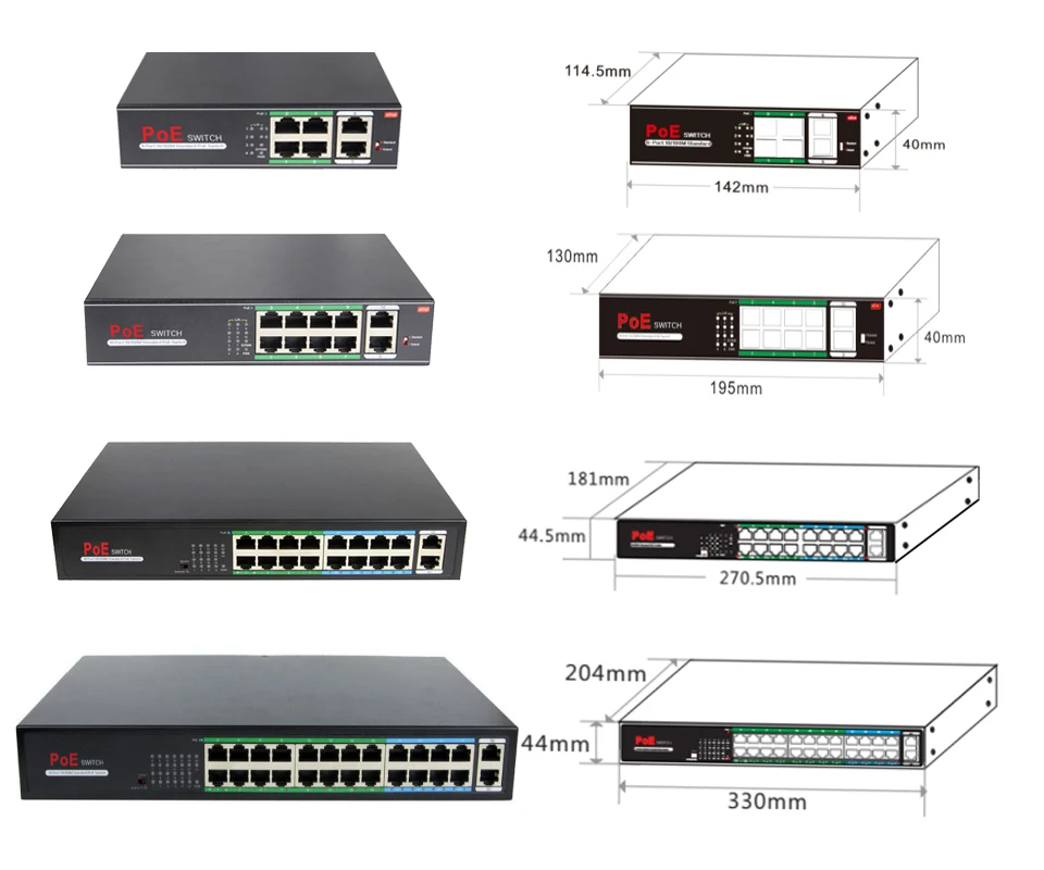 Jeatone 250m 4/8/16/24+2-port Extend Ethernet Splitter Switch with 8-Ports PoE+2-Uplink 10/100Mbps for IP camera/ Video intercom