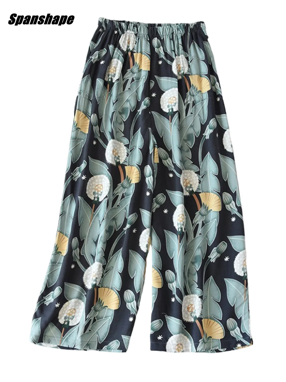 

Women Pants Floral Bohemia Beach Summer Gauze Simple Elastic Waist Casual Capris Printed Wide Leg Loose