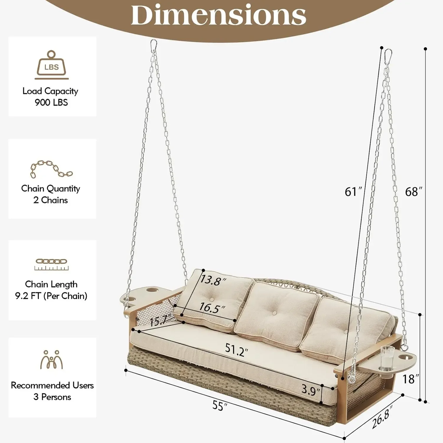 3-Seat Hanging Porch Swing with Cup Holders, Wicker Porch Swing with Cushions, Heavy Duty Front Porch
