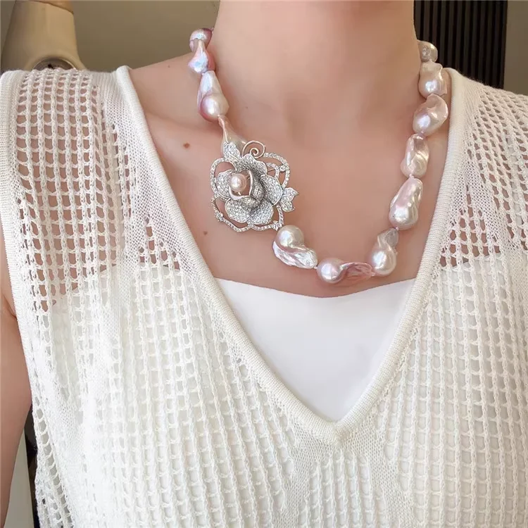 Natural Colorful Baroque Pearl CZ Flower Brooch Collarbone Necklace