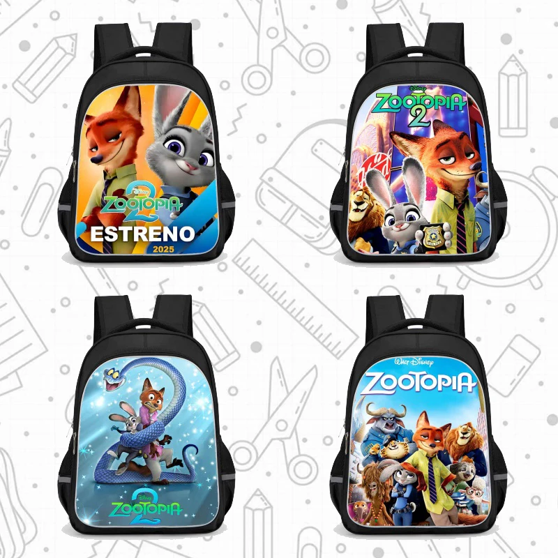 

Школьный рюкзак Disney с двойным карманом на молнии, школьные сумки Cartoon Zootopia2 для мальчиков и девочек, прочный детский рюкзак 16 дюймов