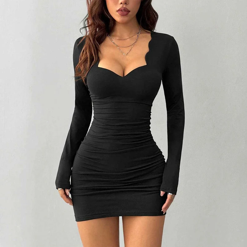 فستان قصير أنيق للسيدات أسود برقبة على شكل حرف U وأكمام طويلة فستان نسائي مثير للنادي بأكمام طويلة فستان ضيق للنوادي الليلية والعطلات العائلية