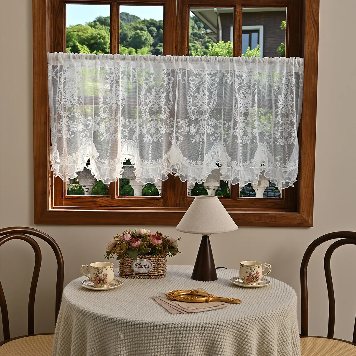 Window Valance Arched Lace White Semi-sheer Short Curtains Rod Pocket Floral Embroidery French Style Coffee Kitchen Valances