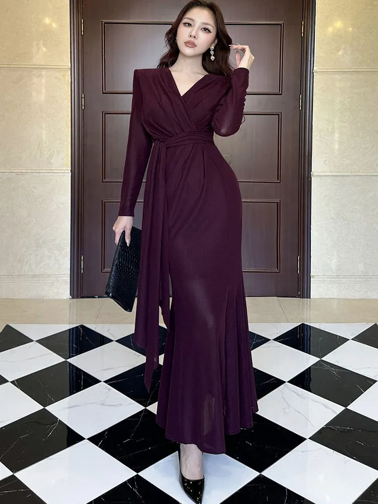 

Ele Knitted Long Sve Dr Women's High Waist Fi Tail Skirt Faionable Split Luxury Feel Autumn Winter New Sle