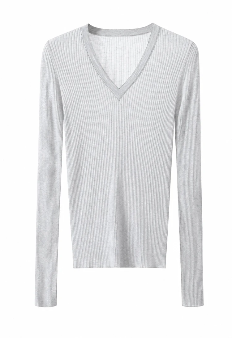 BY3621711 Damen-Pullover mit tiefem V-Ausschnitt, Lurex-Rippstrick-Wollmischung, langen Ärmeln, V-Ausschnitt, Kettenverzierung, schlanke Passform, dezenter Luxus für den frühen Herbst – Detail 21