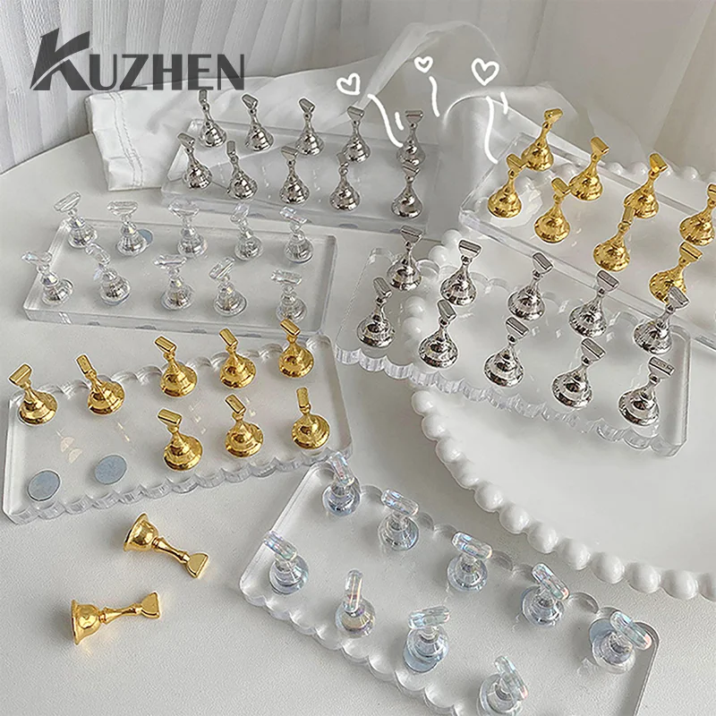 

Nail Art Practice Holder Acrylic Double Row Base Set Gold Sliver Magnetic Metal Alloy Stand Manicure Tool Nail Accessories Salon