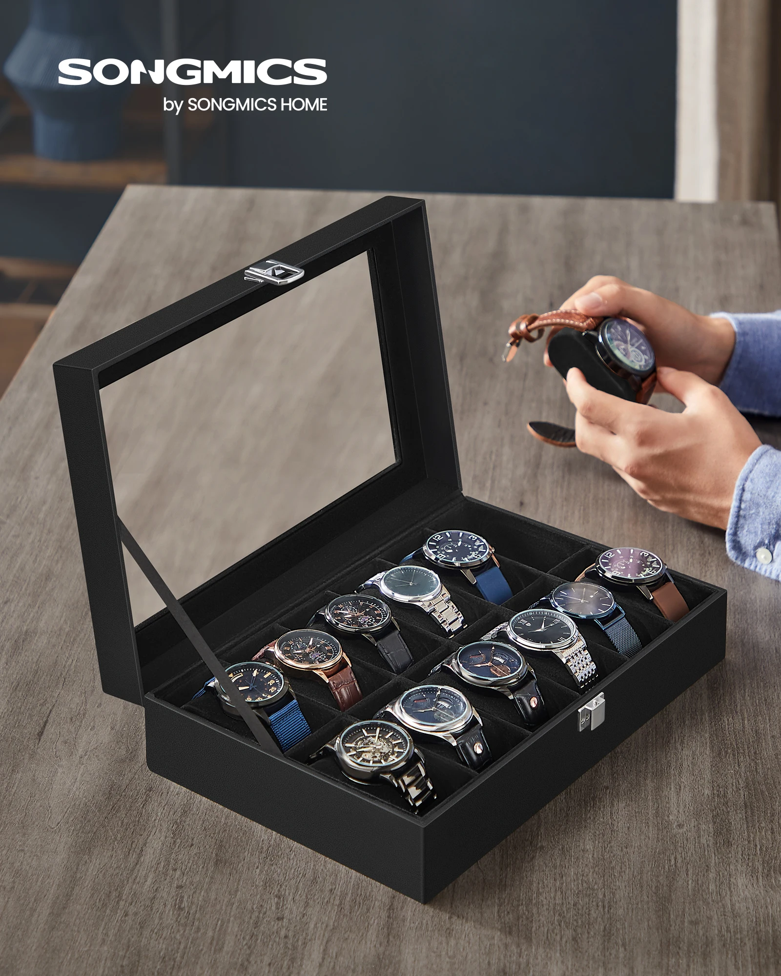 SONGMICS Uhrenbox mit 12 Fächern, Uhrenkasten, Glasdeckel, Uhrenkoffer mit herausnehmbaren Uhrenkissen, Premium-Uhrenschatulle