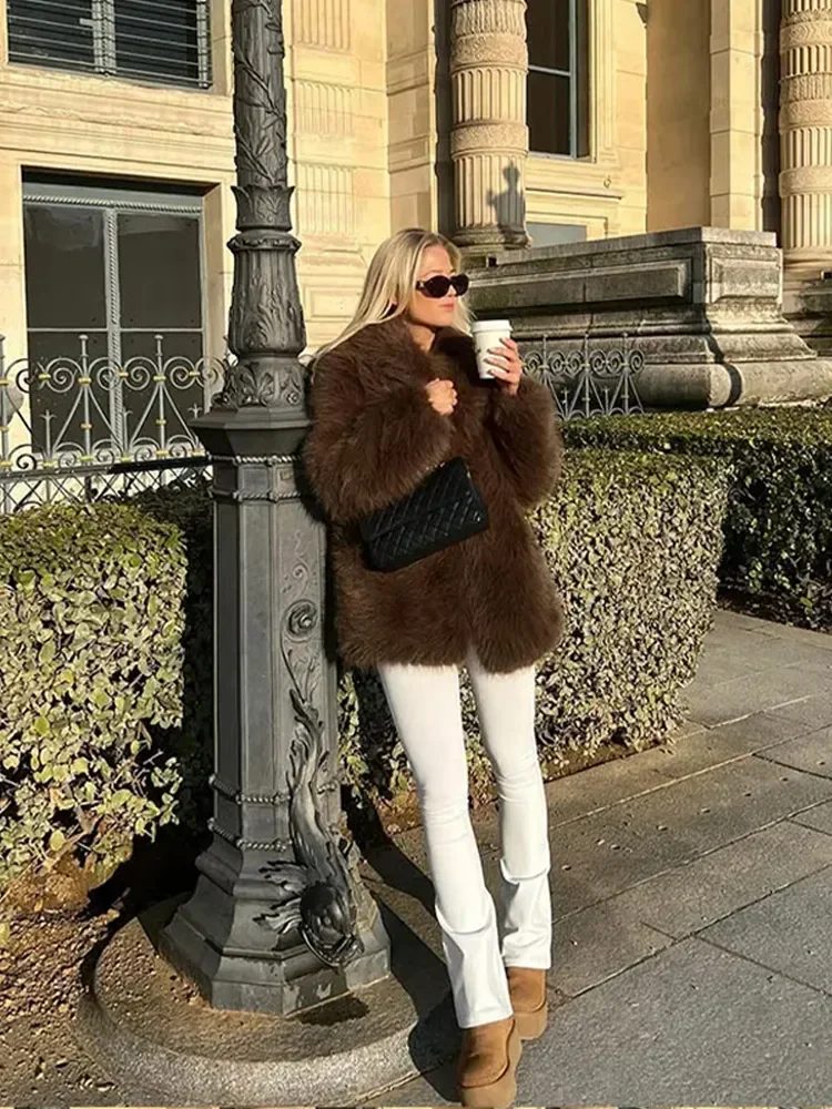 Brown Women Faux Fur Coat Vintage Loose Long Sleeve Fluffy Short Coats 2025 Autumn Winter Female Elegant Street Commuter Outwear