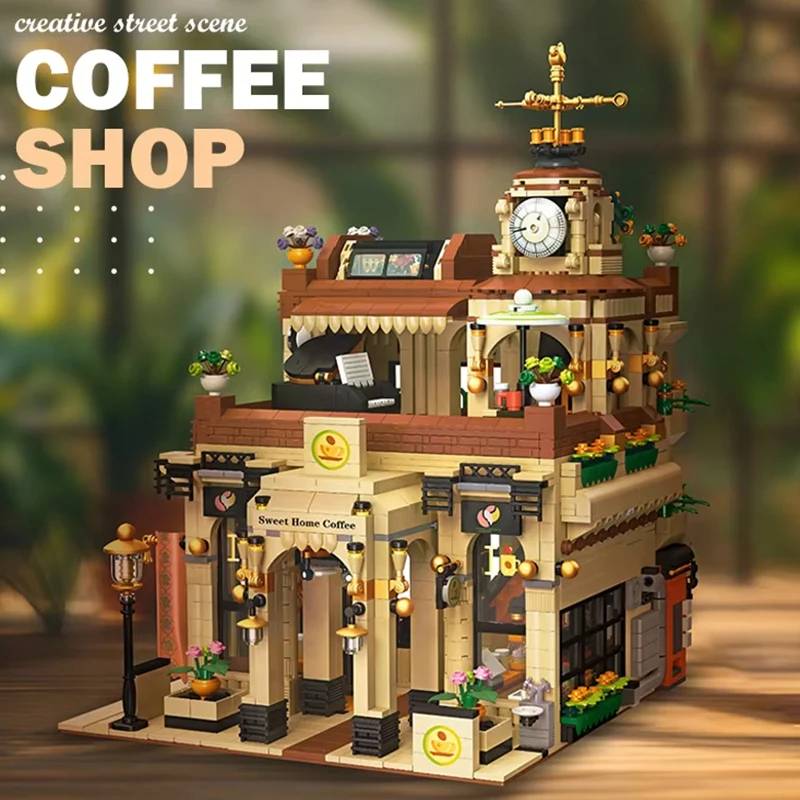

2987PCS European Street view Vintage Coffe Store Buildings Blocks Sets, Desktop Ornaments Model MOC Modular Bricks Toy Kids Gift