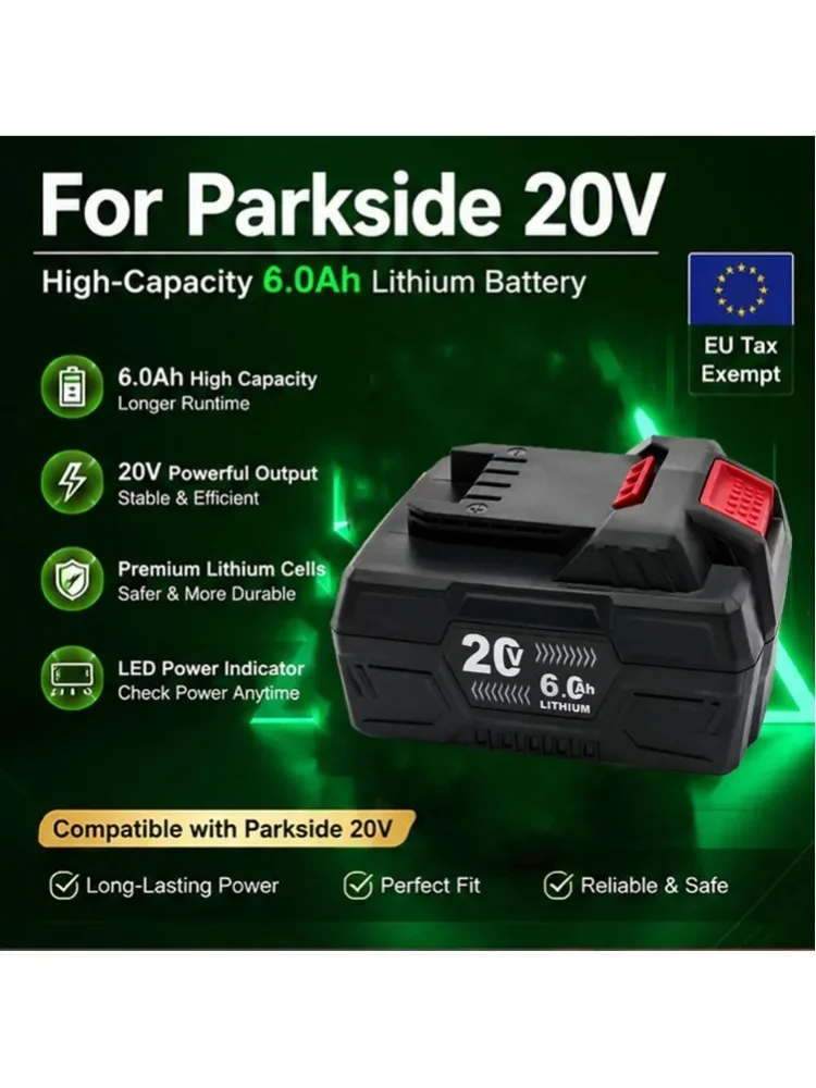 20V 6Ah Lithium-Ionen-Akku für Parkside X20V Elektrowerkzeuge, Ersatzakku passend für PAP 20 B3 A1 PAPS 208 A1 für Bohrmaschine, Rasenmäher, Kettensäge
