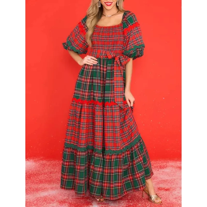Combhasaki Women Christmas Plaid Contrast Color Square Neck Smocked Half Puff Sleeve Ric-Rac Trim Flowy Belted A-line Long Dress