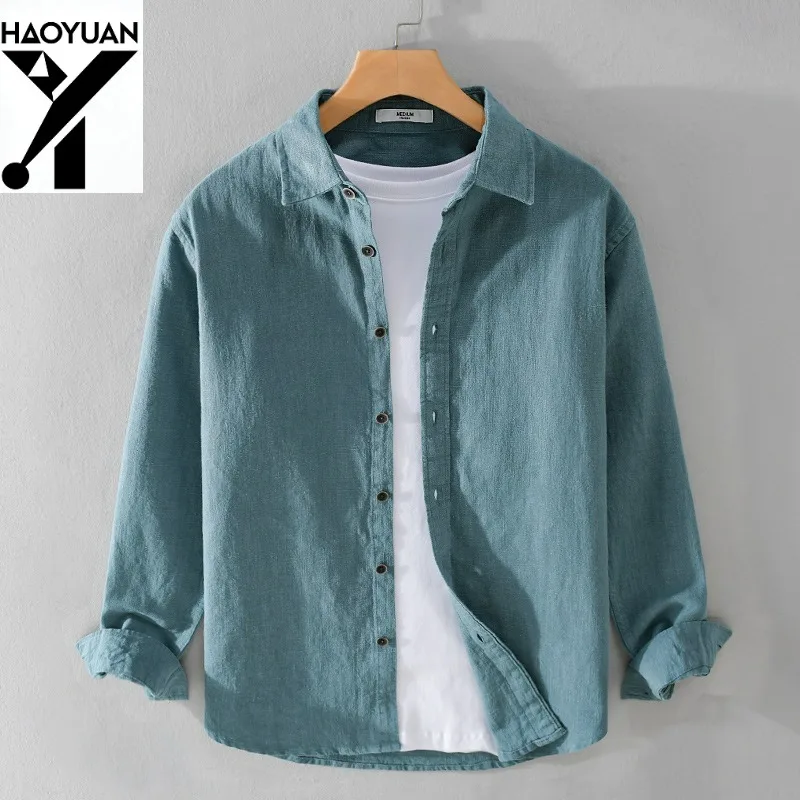 

Spring and Autumn Cotton and Hemp Men's Casual Long Sleeve Shirt Solid Color Simple Soft Street Style Men's Fashion Shirt