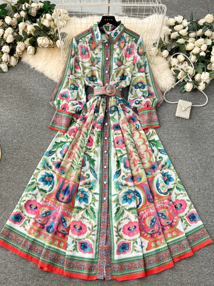 New Maxi Dresses for Women Bohemian Print Robe Femme 2024 Vestidos De Mujer A-line Belt Korean Vintage Single Breasted Dress Wj