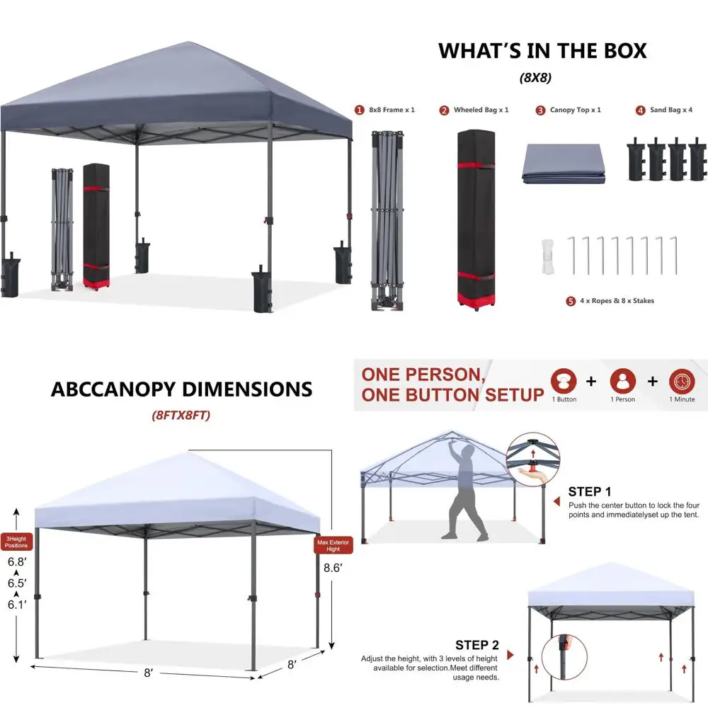 

Портативная сверхмощная палатка с навесом для заднего двора и террасы, светло-серый, 8x8, с 4 мешками с песком для устойчивости