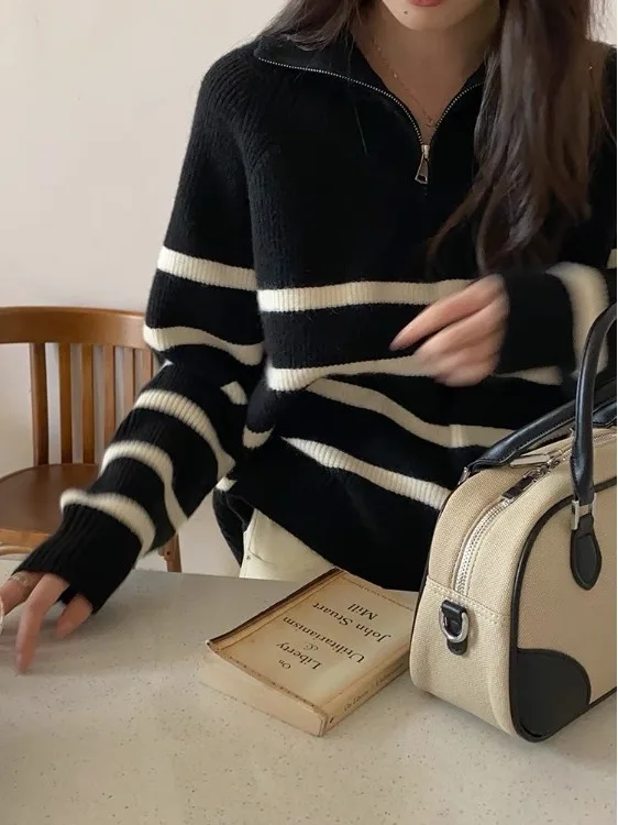 Women's Autumn Winter Knitted Sweater Zipper  Neck Half Open Loose Fit Soft Thick Long Sleeve Striped Pullover Top