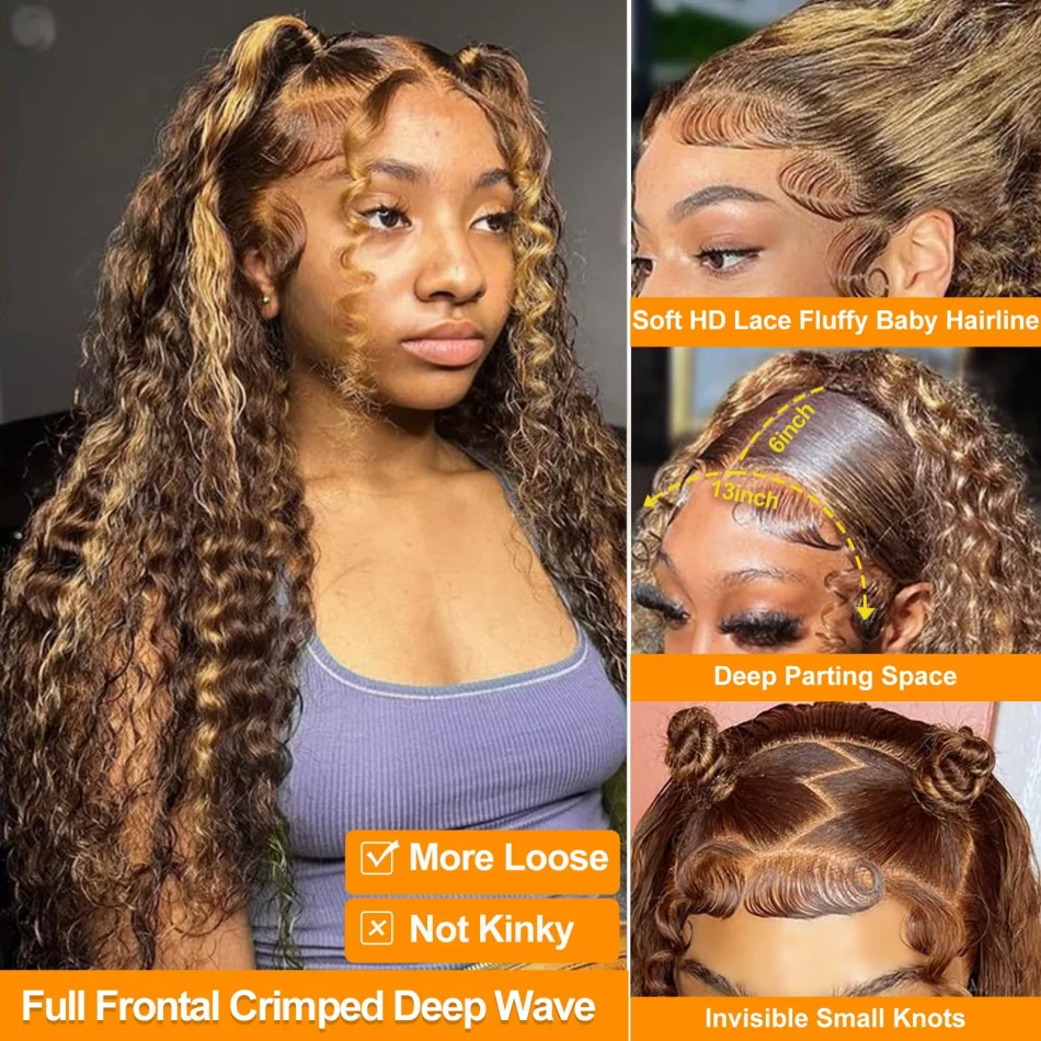 427 Highlight Ombre Wig Human Hair 13X6 Hd Lace Frontal Wig Honey Blonde Deep Wave Human Hair Wigs 30 Inch Brazilian 250 Density view 3