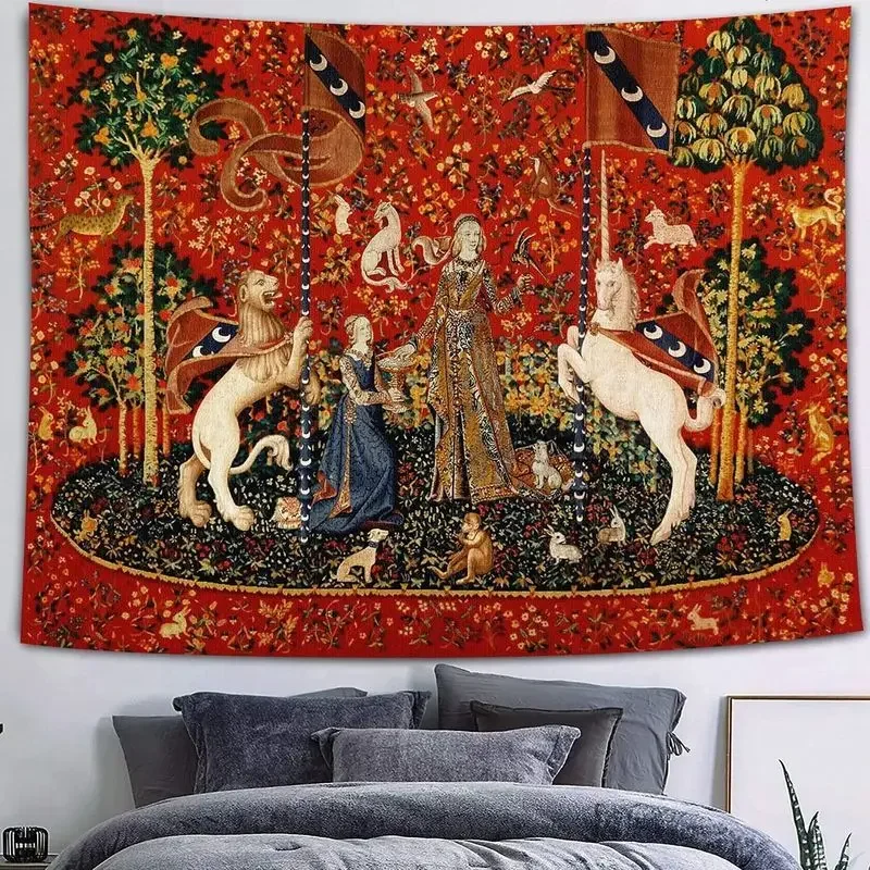 Vintage Medieval Lady Unicorn Lion Tapestry Polyester Wall Hanging Aesthetic Living Room Bedroom Dorm Decor Gift