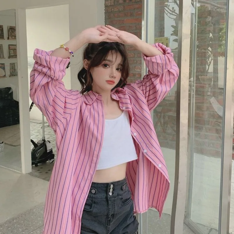 

Loose Striped Shirts Women Preppy Style Summer Blusas Popular Sweet Girl All-match Holiday Sun-protection New Vintage Streetwear
