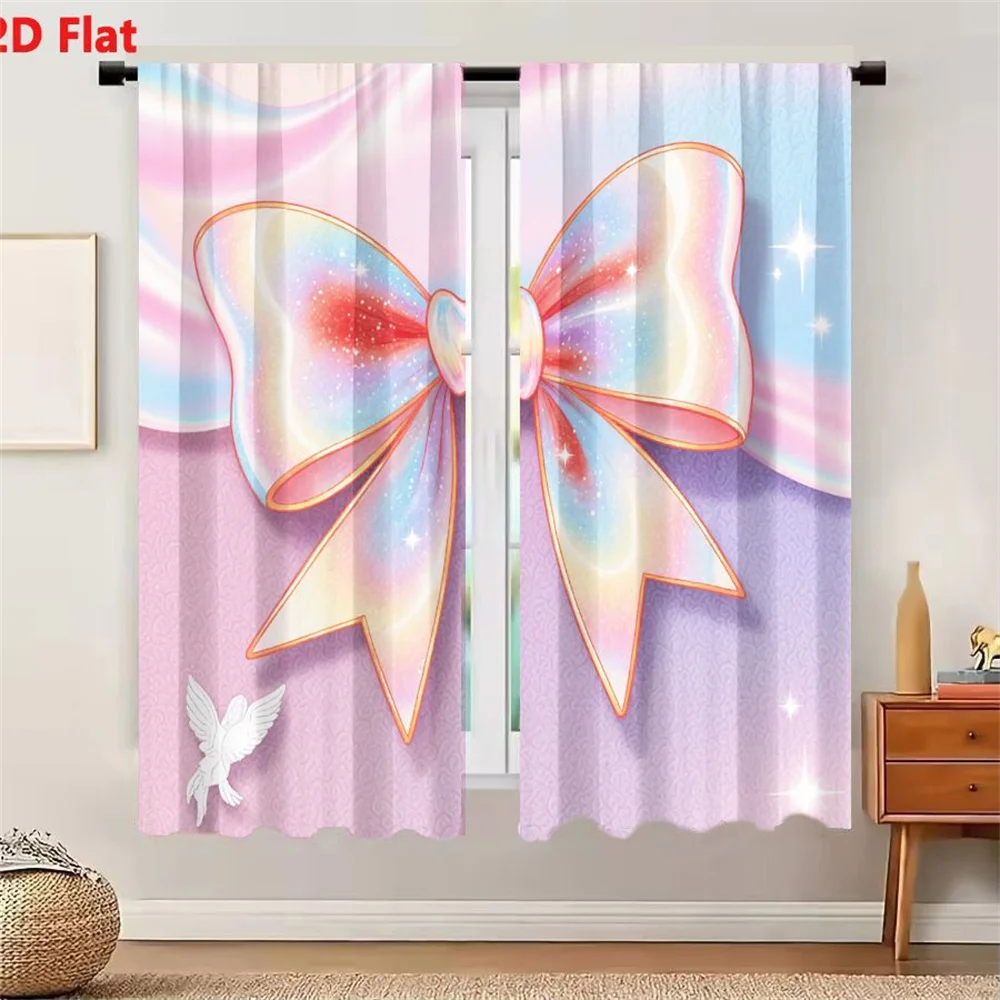2Pcs Curtains 2D Flat Dreamy Cute Holographic Iridescent Bow With Heart Center Orange Outline Pastel Colors Sparkles Stars & Ang