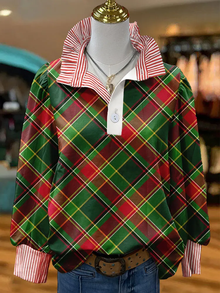 Classic Christmas Plaid Print Stripe Puff Sleeve Shirt