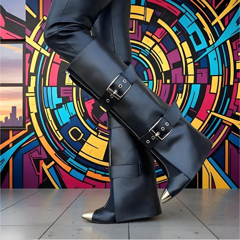 

Metal Pointed Toe Folded Knee High Boots Zipper Front Belt Buckle Strap Black Brown Leather Thin Heels Motorcycle Boots