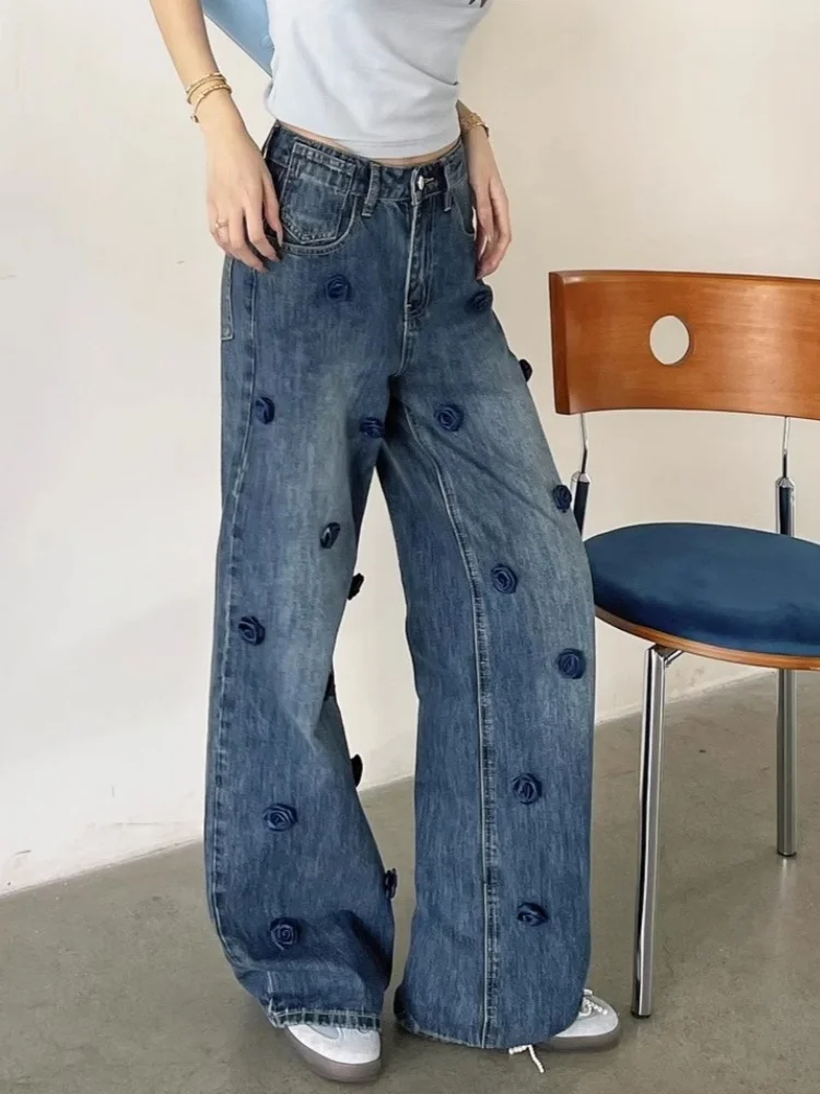 新作ファッションデザイン 立体ローズフラワー装飾ジーンズ レディース ハイウエストストレートパンツ