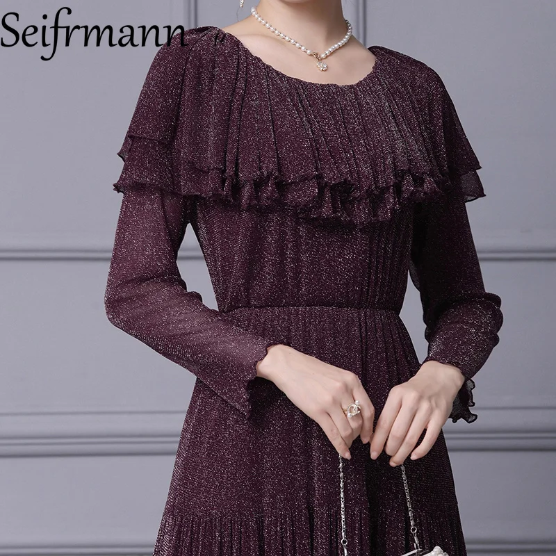 فستان Seifrmann متوسط الطول فاخر من الألماس المتلألئ بطبقات عالية الخصر على شكل حرف a لخريف 2025 منتج جديد