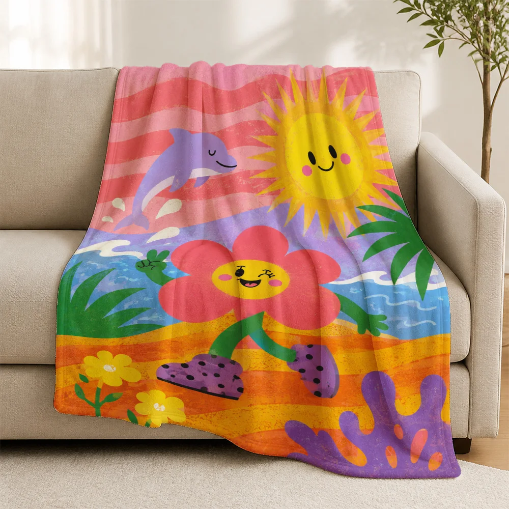 Aesthetic Retro Tropical Ocean Throw Blanket Dolphin Floral Pattern Cozy Sofa Couch Cover Knit Picnic Beach Summer Decor Gift