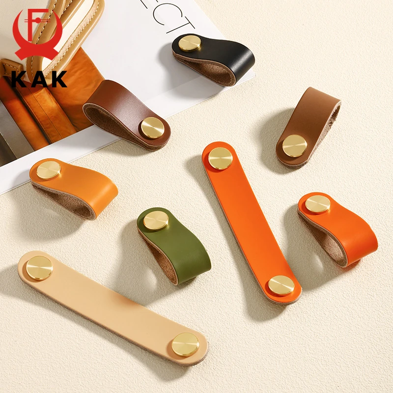 KAK Cowhide Leather Cabinet Handles Nordic Furniture Handle for Kids Room Brass Copper Kitchen Handle Drawer Knobs Door Hardware