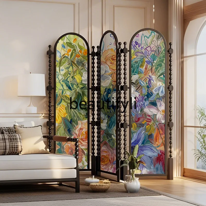 

Retro French oil painting rose screen partition block hotel restaurant homestay decoration solid wood folding screen