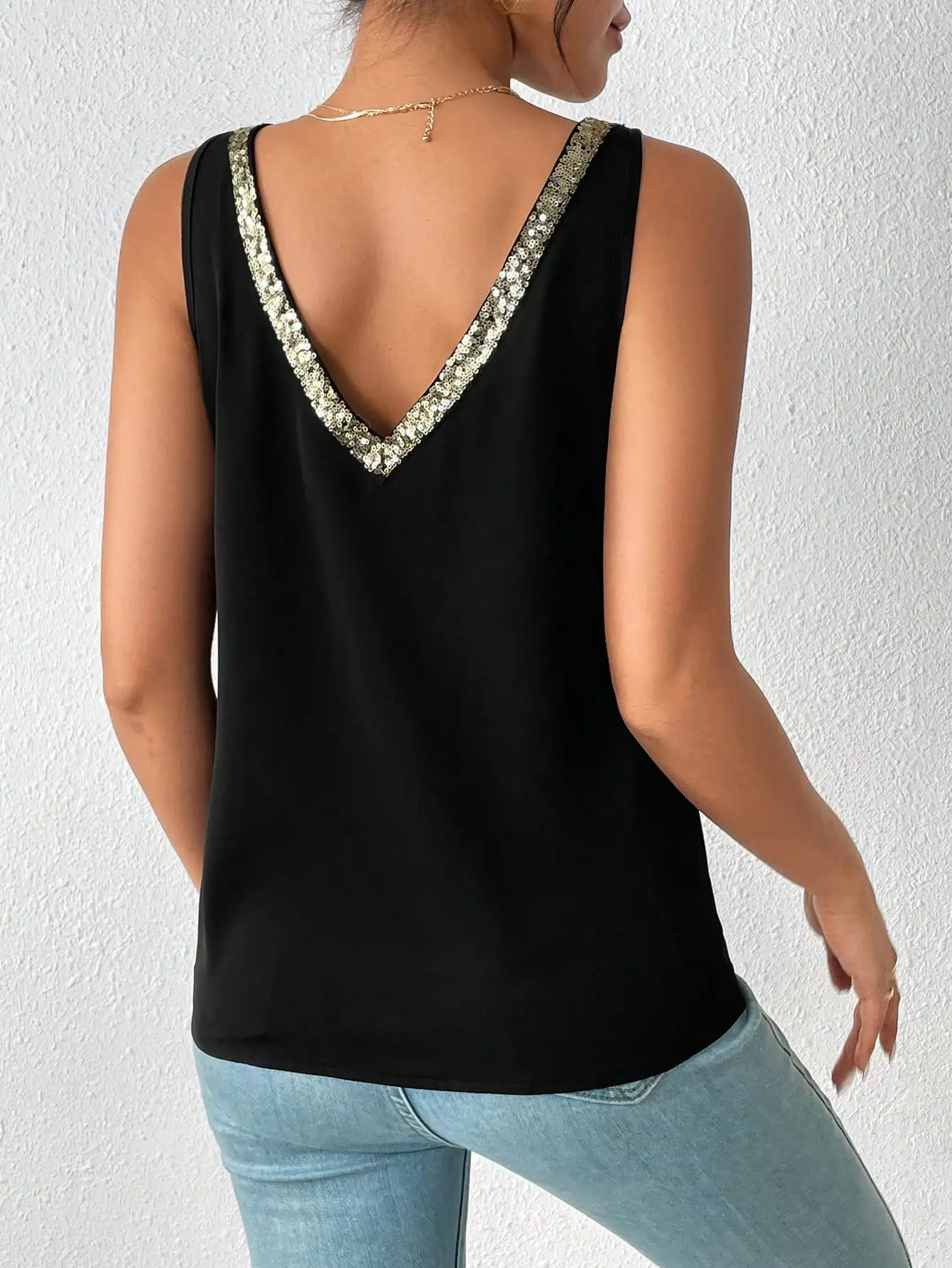 Nice Elegant Casual Women's Vest V-neck Sleeveless Halter Contrast Color Sequin Loose Fashion Women's Vest