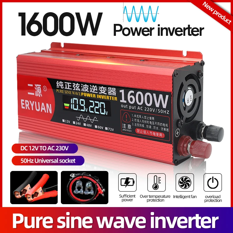 

New Pure Sine Wave Power Inverter Dc 12V TO AC 220V 1600W 50Hz/60Hz Car Power Inverter LCD Display Universal Socket