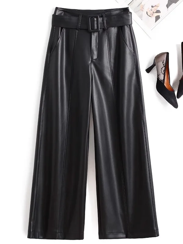 High Waist Fleece Lined Real Leather Pants Women's Casual Wide Leg Pants Thickened Straight Cut Trousers Outerwear