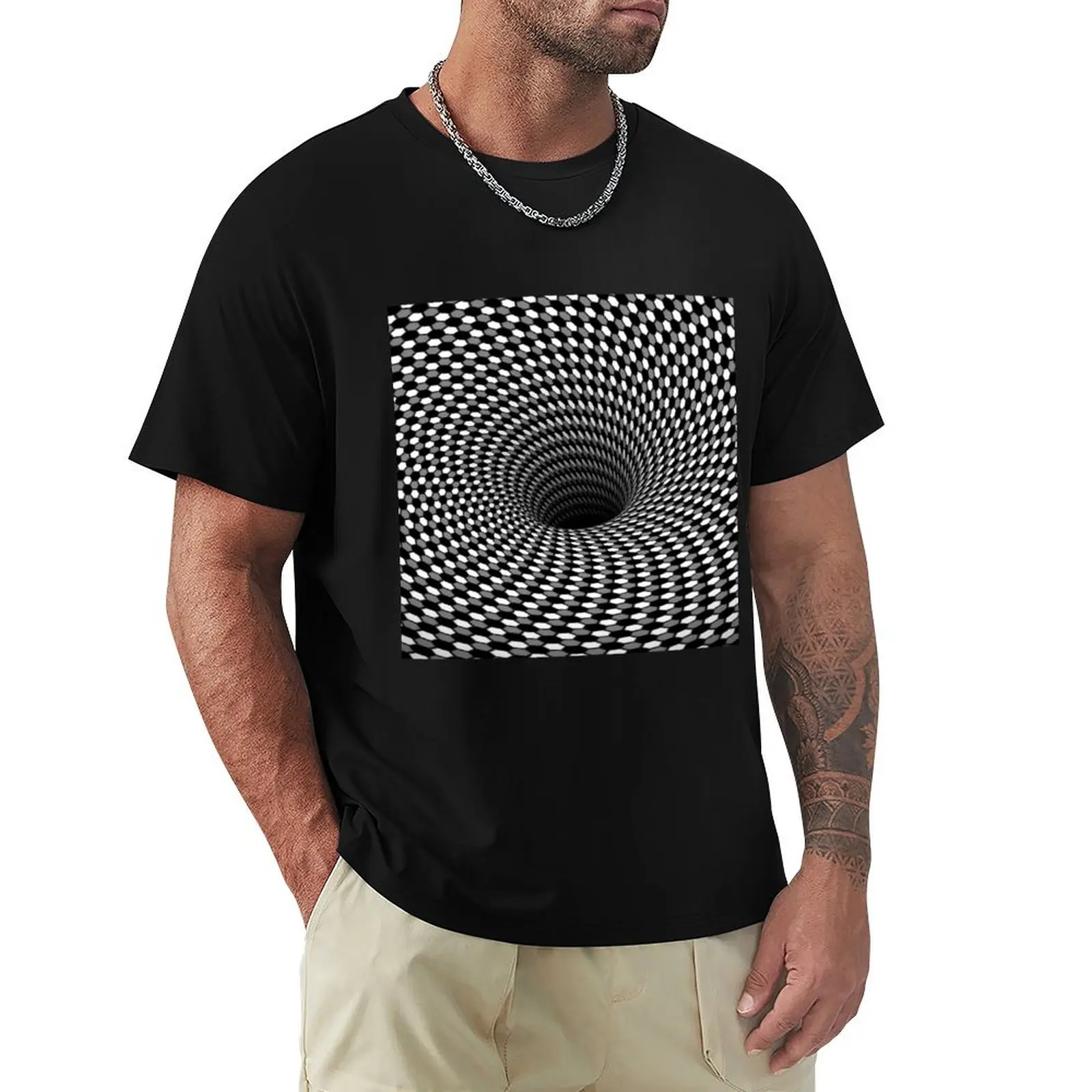 Optical Illusion Hexagon Honeycomb Gray White Black Hole Vortex T-Shirt Large Size Loose Casual Tee