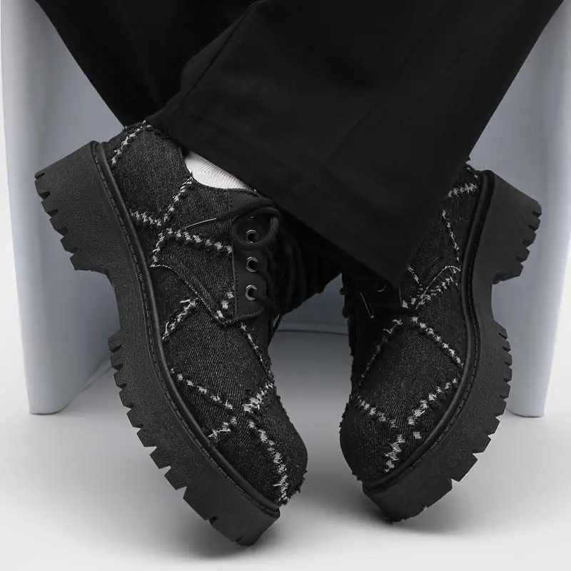 2026 Summer Men Original Distressed Canvas Mickey Black Platform Derby Shoes Chunky Casual