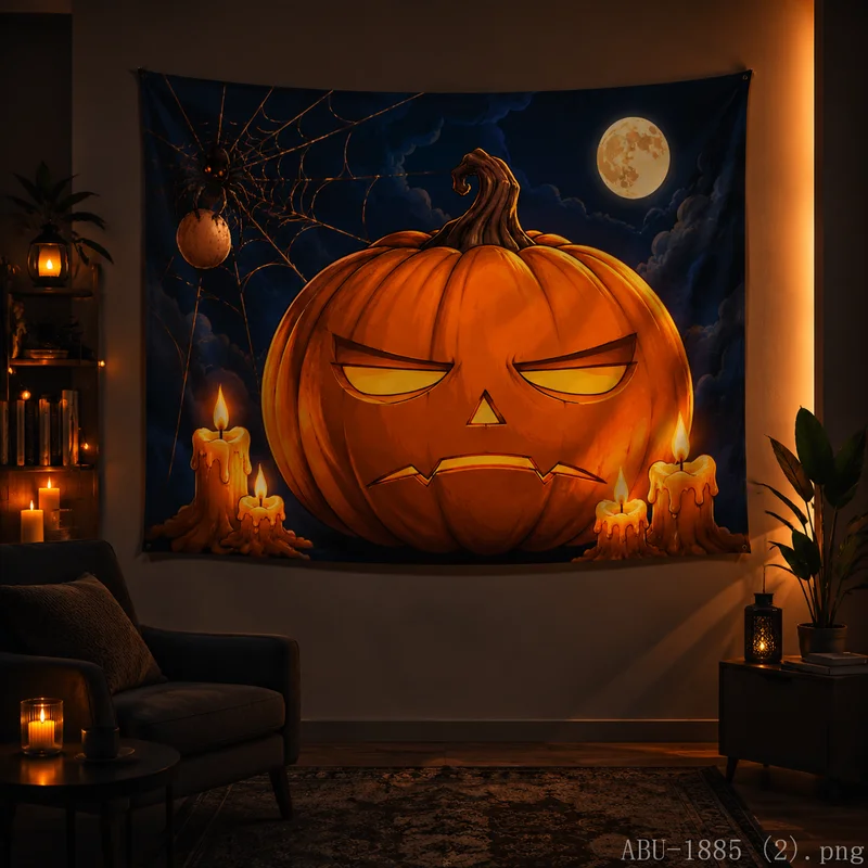 VIKAMA Dark Halloween Pumpkin Tapestry Big Spider Web Maple Leaf Autumn Night Wall Hanging Bedroom Dorm Holiday Decor Cloth