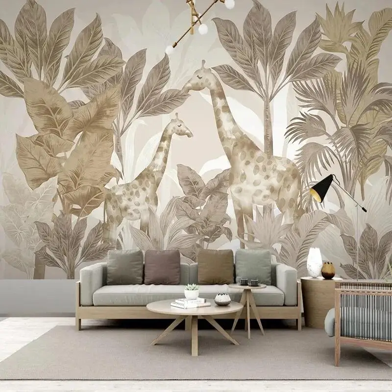 

Custom Mural Wallpaper Hand-Painted Light Luxury Nordic Tropical Plant Giraffe Forest Animal Background Wall Papel De Parede Art