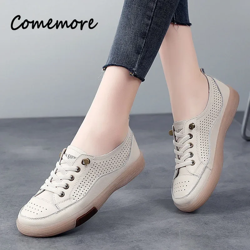 Comemore Leather Soft Sole Slip-on Flat Loafers Ladies Sneakers Hollow Out Breathable Women\'s Moccasins 2023 Women Casual Shoes