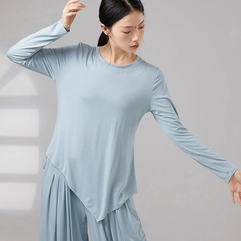 Women Yoga Shirt Modern Dance Top Long Sleeve Irregular Hem Dance Shirt Loose Fit Ballet Practice Costume Dance Training