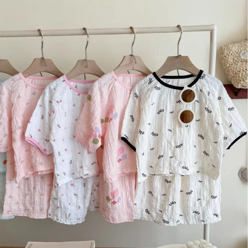 

1-10Y Children's Shirt Pant Set Summer Girl Bow Floral Versatile Sweet Medium Long Sleeve Home Clothes Kids Cotton Sleepwear Set