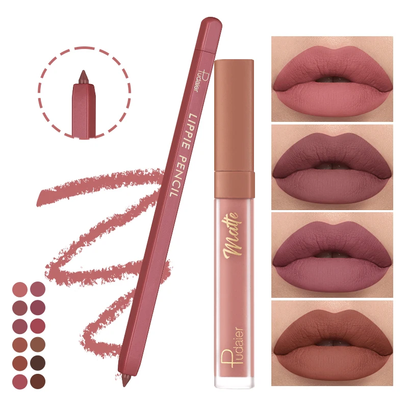 Pudaier Matte Lippenstift- und Lipliner-Set – Langlebige, wasserfeste, nicht klebrige Formel, die sich reibungslos für ein Perfekt gleitet