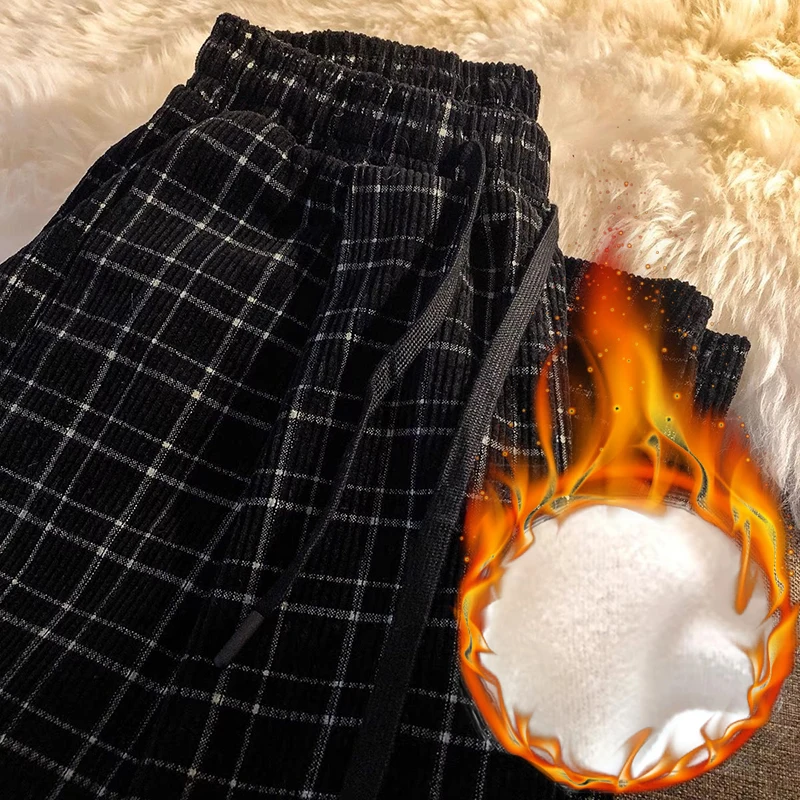 Fall Winter Plaid Corduroy Wide Leg Pants Ultralight Velveteen Lined Lace-up High Waist Baggy Pantalones Korea Women Spodnie