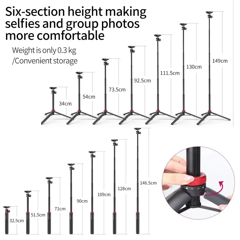 Trípode/palo Selfie extendido Original Ulanzi MT-44 de 1,46 m Compatible con teléfonos y cámaras Samsung iPhone Huawei Xiaomi