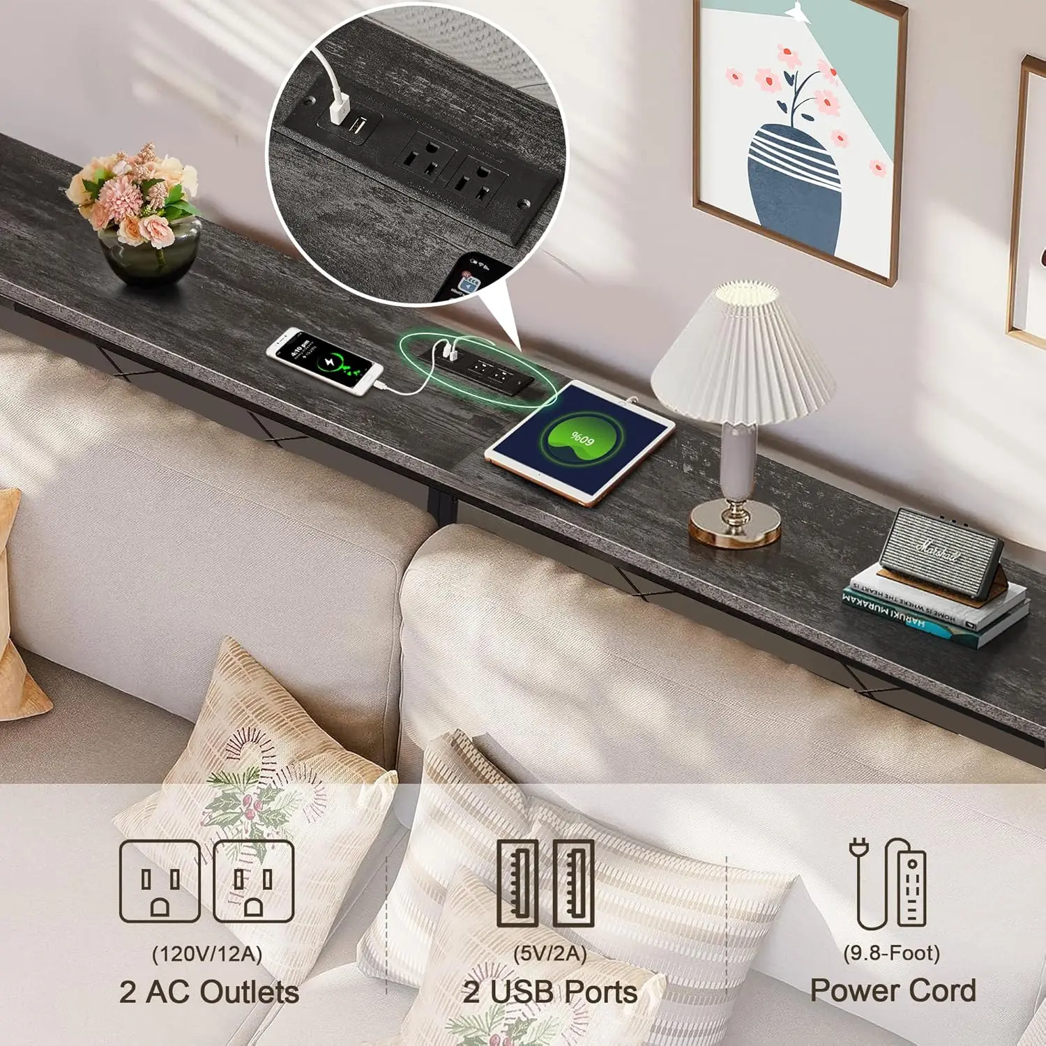 71In Extra Long Narrow Sofa/Console Table with Charging Station & Power Outlet and USB Ports, for Entryway, Living Room